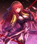  bodysuit breasts commentary_request covered_navel dual_wielding fate/grand_order fate_(series) gae_bolg holding holding_weapon large_breasts long_hair looking_at_viewer pauldrons polearm purple_bodysuit purple_hair red_eyes rothy scathach_(fate)_(all) scathach_(fate/grand_order) shoulder_armor smile solo spear veil weapon 