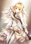  aestus_estus bangs belt_buckle blonde_hair blush bodysuit breasts buckle closed_mouth commentary_request eyebrows_visible_through_hair fate/extra fate/extra_ccc fate_(series) flower gloves green_eyes groin hair_between_eyes hair_flower hair_intakes hair_ornament head_tilt highres holding holding_sword holding_weapon long_sleeves lunacle medium_breasts nero_claudius_(bride)_(fate) nero_claudius_(fate)_(all) smile solo sword veil weapon white_bodysuit white_flower white_gloves 