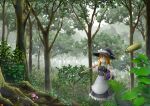  =_= black_hat blonde_hair book bow broom closed_eyes day eyebrows_visible_through_hair forest hair_bow hat hat_bow hat_ribbon holding holding_book holding_broom kirisame_marisa long_hair mushroom nature outdoors ragi_(schrdngr) ribbon scenery solo standing touhou tree white_bow white_ribbon witch_hat 