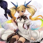  arm_strap artist_name black_legwear black_shorts blonde_hair blue_eyes breasts floating_hair flower granblue_fantasy hair_ribbon holding holding_staff io_euclase looking_at_viewer moreshan multicolored_hair pink_flower ribbon short_shorts shorts sitting small_breasts smile solo staff thighhighs twintails 