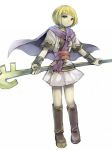  bangs blonde_hair blunt_bangs bob_cut boots bracer brown_footwear cape full_body golden_sun green_eyes higeka holding holding_staff looking_at_viewer purple_cape sash shiba_(golden_sun) short_hair short_sleeves simple_background solo staff standing white_background 