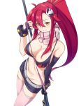  bikini_top black_gloves black_shorts breasts cleavage fingerless_gloves floating_hair gloves groin hair_between_eyes hair_ornament hair_ribbon high_ponytail holding large_breasts long_hair navel orange_eyes pink_legwear print_bikini_top red_hair ribbon saruno_(eyesonly712) scarf shiny shiny_hair short_shorts shorts simple_background skull_hair_ornament smile standing tengen_toppa_gurren_lagann thighhighs very_long_hair white_background yellow_ribbon yoko_littner 