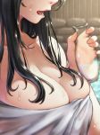  absurdres black_hair bottle breasts close-up head_out_of_frame highres holding holding_bottle large_breasts licking_lips long_hair milk milk_bottle naked_towel nose onsen open_mouth original sparkle thore_(nathalukpol) tokkuri tongue tongue_out towel upper_body water wet 