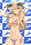  ;q abs absurdres american_flag_bikini armpits bikini blonde_hair blue_background blue_eyes breasts checkered checkered_background closed_mouth collarbone elbow_gloves flag_print gloves highres iowa_(kantai_collection) kantai_collection large_breasts long_hair looking_at_viewer navel one_eye_closed revision side-tie_bikini skindentation smile solo soushou_nin star star-shaped_pupils step_and_repeat swimsuit symbol-shaped_pupils tongue tongue_out two-tone_background upper_body v white_background 