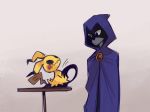  ambiguous_gender crossover dar-draws duo female human mammal mimikyu nintendo pok&eacute;mon pok&eacute;mon_(species) raven_(teen_titans) simple_background table teen_titans video_games 