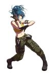  ammunition_pouch armlet bangs bare_shoulders belt black_footwear blue_eyes blue_hair closed_mouth crop_top dog_tags fighting_stance full_body gloves leona_heidern midriff navel official_art ogura_eisuke pants ponytail pouch snk snk_heroines:_tag_team_frenzy standing tank_top the_king_of_fighters transparent_background yellow_tank_top 