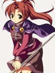  :o ahoge brown_eyes brown_skirt cape eyebrows_visible_through_hair golden_sun hair_between_eyes hair_intakes higeka holding holding_staff jasmine_(golden_sun) long_hair long_sleeves ponytail puffy_long_sleeves puffy_sleeves purple_cape red_hair simple_background skirt solo staff v_arms white_background 