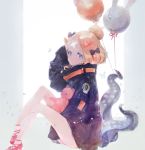  abigail_williams_(fate/grand_order) alternate_hairstyle backlighting balloon bandaid_on_forehead bangs belt black_bow black_jacket blonde_hair blue_eyes blush bow commentary_request fate/grand_order fate_(series) forehead fou_(fate/grand_order) hair_bow hair_bun heroic_spirit_traveling_outfit high_collar highres holding holding_stuffed_animal jacket knees_up legs long_hair looking_at_viewer orange_bow parted_bangs polka_dot polka_dot_bow red_footwear sitting sleeves_past_fingers sleeves_past_wrists solo stuffed_animal stuffed_toy teddy_bear tentacles thighs white_background yaku_(ziroken) 
