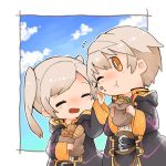  1girl blush closed_eyes cloud commentary_request day eating female_my_unit_(fire_emblem:_kakusei) fire_emblem fire_emblem:_kakusei fire_emblem_heroes food hamburger holding holding_food hood hood_down hooded_jacket jacket male_my_unit_(fire_emblem:_kakusei) my_unit_(fire_emblem:_kakusei) one_eye_closed open_mouth sandwich shunrai sky twintails white_hair yellow_eyes 