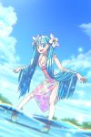  bent_over bikini blue_eyes blue_hair blue_sky breasts cleavage cloud collarbone day flower full_body hair_between_eyes hair_flower hair_ornament hatsune_miku highres long_hair navel outdoors outstretched_arms petals shiny shiny_hair sky small_breasts solo standing swimsuit syego twintails very_long_hair vocaloid white_flower 