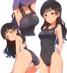  3: armpits arms_behind_back arms_up ass black_swimsuit blush breasts brown_eyes brown_hair competition_swimsuit cowboy_shot embarrassed enamasa highres idolmaster idolmaster_million_live! kitazawa_shiho long_hair looking_at_viewer looking_down medium_breasts multiple_views one-piece_swimsuit standing swimsuit wavy_hair wet 