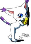  ambiguous_gender black_nose blue_eyes blush cat claws clothing cute digimon digimon_(species) feline fur gatomon gloves looking_at_viewer mammal milesnukem nude simple_background smile solo white_background white_fur 