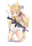  animal_ears barefoot black_gloves blonde_hair braid commentary_request covered_navel fang fox_ears g41_(girls_frontline) girls_frontline gloves gun h&amp;k_g41 heterochromia highres kneeling long_hair low_twintails no_tail one-piece_swimsuit open_mouth ribbon school_swimsuit solo swimsuit twintails very_long_hair weapon white_school_swimsuit white_swimsuit wittmann_(ehvr8373) 