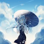  absurdres blue_sky blue_umbrella button_(pixiv10300358) cloud day floating_hair flower hair_flower hair_ornament highres holding holding_umbrella long_hair luo_tianyi nail_polish oriental_umbrella outdoors pink_nails rose see-through short_hair_with_long_locks short_sleeves silver_hair sky solo standing umbrella very_long_hair vocaloid white_flower white_rose 