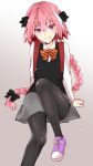  asazuki_norito astolfo_(fate) bow bowtie braid crossdressing fate/apocrypha fate/grand_order fate_(series) grey_skirt hair_between_eyes hair_bow long_hair male_focus otoko_no_ko pantyhose pink_hair purple_eyes school_uniform shoes single_braid skirt smile sneakers solo striped striped_neckwear tongue tongue_out 