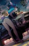  2018 anthro antlers blue_eyes blue_hair breasts butt butt_pose car cervine clothed clothing cutoffs danae_(character) denim_shorts detailed_background female hair hi_res horn legwear mammal rear_view reindeer shorts side_boob solo stockings vehicle zero-sum 