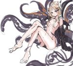  abigail_williams_(fate/grand_order) alternate_hairstyle ass bandaid_on_forehead bangs barefoot black_bikini_bottom black_bow black_jacket blonde_hair blue_eyes blush bow breasts commentary_request fate/grand_order fate_(series) feet forehead hair_bow hair_bun hair_over_breasts heroic_spirit_traveling_outfit highres hips jacket legs long_hair looking_at_viewer medium_breasts mhg_(hellma) off_shoulder open_clothes open_jacket orange_bow parted_bangs parted_lips polka_dot polka_dot_bow simple_background sitting sleeves_past_fingers sleeves_past_wrists solo tentacles thighs topless white_background 