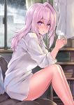  2hands1cup bangs bare_legs blush cloud cloudy_sky collared_shirt commentary_request cu-no cup day dress_shirt drinking_glass eyebrows_visible_through_hair hair_between_eyes hands_up hisenkaede holding holding_cup indoors long_hair long_sleeves looking_at_viewer looking_to_the_side naked_shirt nose_blush parted_lips pink_hair purple_eyes rain shirt shirt_removed single_hair_intake sitting sky sleeves_pushed_up solo white_shirt window yayoi_sakura 