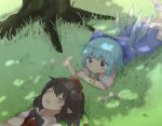  :o blue_dress blue_eyes blue_hair blush bow brown_hair cirno closed_eyes commentary_request dappled_sunlight day dress flower grass hair_bow hat highres ice ice_wings kototoki leg_up looking_at_another lying multiple_girls nature on_back on_grass on_stomach open_mouth outdoors petals pointy_ears shameimaru_aya short_hair short_sleeves sleeping smile sunlight texture tokin_hat touhou tree tree_shade under_tree wings 