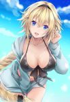  akatsuki_hijiri bangs bikini black_bikini blonde_hair blue_eyes braid breasts cleavage cloud cloudy_sky collarbone commentary_request day eyebrows_visible_through_hair fate/grand_order fate_(series) front-tie_bikini front-tie_top hair_between_eyes hairband jacket jeanne_d'arc_(fate)_(all) jeanne_d'arc_(swimsuit_archer) large_breasts leaning_forward long_hair looking_at_viewer navel open_clothes open_jacket open_mouth sidelocks sky smile solo swimsuit very_long_hair 