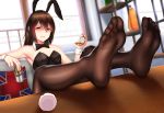  &gt;:( animal_ears black_eyes bow bowtie brown_hair brown_legwear bunny_ears bunny_girl bunny_tail bunnysuit clenched_teeth damao_yu detached_collar drink fake_animal_ears feet feet_on_table fishnet_legwear fishnet_pantyhose fishnets flag_print frown gesugao glaring highres long_hair looking_at_viewer no_shoes original pantyhose pillow pocket_watch print_pillow scowl soles tail tail_removed teeth toes union_jack v-shaped_eyebrows watch wrist_cuffs 