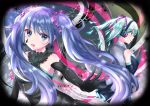 aqua_ribbon black_gloves black_skirt blue_eyes blue_hair crying crying_with_eyes_open detached_sleeves elbow_gloves eyebrows_visible_through_hair floating_hair ghost_rule_(vocaloid) gloves grey_shirt hair_between_eyes hair_ornament hatsune_miku headphones highres long_hair looking_at_viewer miniskirt multiple_girls neck_ribbon open_mouth pleated_skirt ribbon sakura_rio1116 shiny shiny_hair shirt skirt sleeveless sleeveless_shirt tears twintails very_long_hair vocaloid 