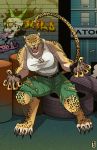  alley_way angry big_breasts bloody_roar bloody_roar_2 breasts claws clothing feline female fighting_stance graffiti leopard mammal muscular muscular_female oil_drum raised_tail ramartwork shina_the_leopard shirt shorts skull snarling solo store tank_top teeth tire tongue torn_clothing 