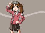  adjusting_headwear adrian_ferrer brown_eyes brown_hair commentary english_commentary hand_on_hip japanese_clothes kantai_collection kariginu magatama pleated_skirt ribbon-trimmed_sleeves ribbon_trim ryuujou_(kantai_collection) skirt smile solo twintails visor_cap 