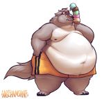  2017 belly big_belly canine claws clothed clothing deep_navel dessert eating eyewear food goggles goggles_on_head holding_food holding_object ice_cream ice_cream_cone licking male mammal moobs naschamsant nervous nipples obese overweight shorts simple_background solo standing sweat sweatdrop thick_thighs tongue tongue_out topless white_background wolf 