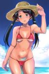  ass_visible_through_thighs beach bikini black_hair blue_sky breasts cloud commentary_request day green_eyes hat horizon kantai_collection kyougoku_shin long_hair looking_at_viewer lowleg lowleg_bikini mikuma_(kantai_collection) red_bikini sky small_breasts solo straw_hat sun_hat swimsuit twintails 