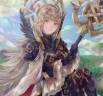  armor black_armor black_gloves blue_sky closed_mouth cloud commentary_request crown day fire_emblem fire_emblem_heroes gloves grass grey_hair hair_ornament highres hikashi10_nsk holding holding_staff long_hair long_sleeves outdoors red_eyes shoulder_armor sitting sky solo staff veronica_(fire_emblem) 