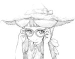  adjusting_eyewear bow closed_mouth commentary_request fingernails glasses greyscale hands_up hat hat_bow horned_girl_(jaco) jaco looking_at_viewer monochrome original ribbon simple_background slit_pupils smile solo upper_body white_background 