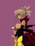  bat_wings black_sclera blonde_hair bow breasts dark_persona demon_girl detached_sleeves disgaea dress dress_pull earrings hair_ornament highres jewelry large_breasts makai_senki_disgaea_2 necklace pointy_ears red_eyes rozalin suigintouin surprised sweatdrop wings yellow_bow zenon_(disgaea) 