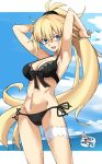  ahoge arms_behind_head ass_visible_through_thighs bare_arms bare_shoulders bespectacled bikini black_bikini black_choker black_jacket blonde_hair blue_eyes blush bow breasts choker cleavage commentary_request cowboy_shot cropped_jacket day eyebrows_visible_through_hair fate/grand_order fate_(series) glasses hair_between_eyes hair_bow hairband highres jacket jeanne_d'arc_(alter_swimsuit_berserker) jeanne_d'arc_(fate)_(all) jeanne_d'arc_(swimsuit_archer) large_breasts long_hair looking_at_another looking_at_viewer multiple_girls navel o-ring o-ring_bikini o-ring_bottom o-ring_top outdoors outside_border ponytail side-tie_bikini silver_hair stomach swimsuit thigh_strap thighs very_long_hair water yellow_eyes yuchio 