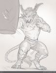  2018 charr claws clothed clothing exercise feline guild_wars horn male mammal monochrome muscular navel punching punching_bag scar solo spottyjaguar standing teeth topless video_games 