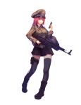  absurdres artist_request assault_rifle bag cellphone commentary_request full_body germany gun hat highres holding holding_gun holding_weapon hukajiro korean_commentary military military_hat military_uniform original phone pink_eyes pleated_skirt red_hair rifle school_bag skirt smartphone solo stg44 thighhighs uniform weapon white_background zettai_ryouiki 