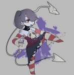  1girl bare_shoulders blue_hair blue_skin breasts chibi cleavage detached_collar detached_sleeves hair_over_one_eye legs leviathan_(skullgirls) long_skirt purple_hair red_eyes side_ponytail skirt skull skullgirls squigly_(skullgirls) stitched_mouth stitches striped striped_legwear striped_sleeves zombie 