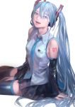  arm_support bangs bare_shoulders blue_eyes blue_hair collared_shirt commentary_request detached_sleeves fingernails hair_over_one_eye hand_on_own_thigh hand_rest hatsune_miku headphones headset highres long_hair looking_at_viewer nail_polish necktie open_mouth shirt shoulder_tattoo simple_background sitting skirt sleeveless sleeveless_shirt smile solo tattoo teeth thighhighs tunapon01 twintails twisted_torso very_long_hair vocaloid white_background wing_collar zettai_ryouiki 