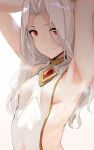  armpits arms_up bare_arms breasts closed_mouth erune granblue_fantasy hews_hack highres long_hair looking_at_viewer navel red_eyes scathacha_(granblue_fantasy) silver_hair small_breasts smile solo standing sweat white_background 