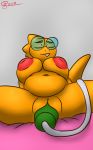  alphys anthro belly belly_expansion belly_inflation big_belly big_breasts breasts eyewear female glasses inflation j5furry lizard navel reptile scales scalie sex_toy solo undertale video_games yellow_scales 