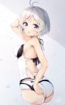  :o antenna_hair arm_up armpits ass back bangs bare_arms bare_shoulders black_ribbon blush breasts casual_one-piece_swimsuit commentary_request cropped_legs dennou_shoujo_youtuber_shiro eyebrows_visible_through_hair from_behind grey_background grey_hair hair_ornament hairclip highres looking_at_viewer looking_back medium_breasts nijihashi_sora one-piece_swimsuit open_mouth parted_bangs ribbon shiro_(dennou_shoujo_youtuber_shiro) short_hair sideboob signature solo swimsuit thighs virtual_youtuber water_drop wet white_swimsuit 