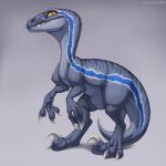  2018 amber_eyes ambiguous_gender blue_(jurassic_world) claws digital_media_(artwork) dinosaur feral jurassic_park jurassic_world raptor simple_background smile solo standing teeth theropod yellow_eyes zazush-una 