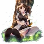  bag brown_hair closed_eyes dress hat highres jewelry long_hair necklace octopath_traveler short_hair simple_background sleeping smile tree tressa_(octopath_traveler) yuuki1103 