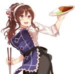  :d alternate_hairstyle apron ashigara_(kantai_collection) blush brown_eyes brown_hair chopsticks commentary_request cowboy_shot curry fang food hairband highres kantai_collection long_hair open_mouth pantyhose ponytail senbei_(senbe_i) simple_background smile solo white_background white_legwear 