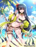  bare_shoulders beach belt black_hair blue_sky bracelet breasts brown_eyes cleavage cloud cloudy_sky collarbone commentary_request copyright_name day fingernails flower gyakushuu_no_fantasica hair_flower hair_ornament hand_up hibiscus highres jewelry katagiri_hachigou large_breasts long_hair navel necklace official_art open_mouth outdoors palm_leaf palm_tree petals sheath sheathed shiny shiny_hair sky smile solo sparkle sunlight sword thigh_strap tree very_long_hair weapon 
