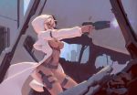  bangs belt bigrbear breasts building cityscape convenient_leg cowboy_shot dark_skin firing green_eyes gun highres holding holding_weapon knife knife_holster machine_pistol navel nipples no_bra no_panties original outdoors ruins science_fiction sheer_clothes sky solo tan thigh_strap underbust weapon white_hair wreckage 