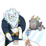  beverage black_fur butler caprine clothing competition eyes_closed eyewear feline fur gloves goat horn lion male mammal monocle salomonkun serving snow_(tas) suit tea tokyo_afterschool_summoners urahara3d white_fur 