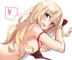  :d bangs bare_arms bare_shoulders bikini black_bikini black_bow blonde_hair blue_eyes blush bow braid breasts eyebrows_visible_through_hair hair_between_eyes hair_bow heart high_school_fleet highres kapatarou large_breasts long_hair looking_at_viewer looking_back lying on_stomach open_mouth sideboob single_braid smile solo spoken_heart swimsuit very_long_hair white_background wilhelmina_braunschweig_ingenohl_friedeburg 