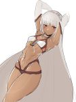  altera_(fate) armpits arms_behind_back beltbra blush bra breasts closed_mouth eyebrows_visible_through_hair fate/extella fate/extra fate_(series) hands_up highres hometa jewelry looking_at_viewer multi-strapped_panties navel necklace red_eyes simple_background small_breasts solo standing stomach underwear veil white_background white_bra white_hair 