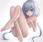  1girl ass bangs barefoot blue_eyes blue_hair breasts closed_mouth commentary convenient_leg covering covering_breasts feet foreshortening gradient gradient_background hair_between_eyes highres knees_up konno_junko long_hair looking_at_viewer lying nude on_back shinno shiny shiny_hair small_breasts smile solo toenails toes underboob white_background zombie_land_saga 